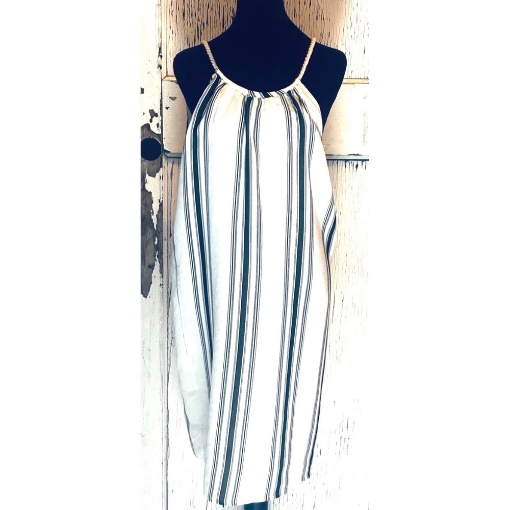Zara Cotton Linen Striped Halter ‎ Dress Rope Strap Relaxed Seaside Aesthetic